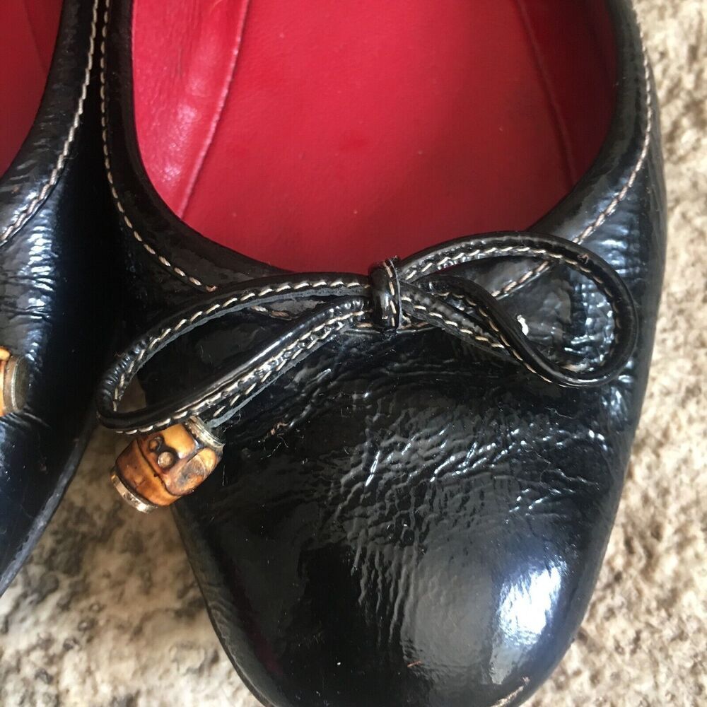 GUCCI Black Patent Leather Ballet Ballerina Flats Shoes Tie Bow Bamboo Toggle 35 - Picture 6 of 7